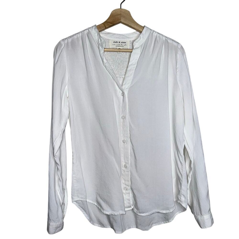 Cloth & Stone Anthropologie White Button Down Tencel Top Smocked Back XS